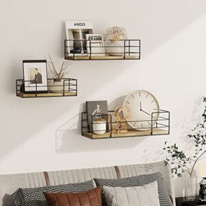 POTEY Floating Wall Shelves, Natural Wood Wire Frame Hanging Shelves for Bathroom, Living Room, Bedroom, Kitchen 3 Sets Light Brown