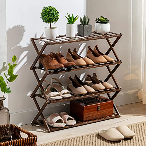 ALEAVIC Foldable Bamboo Shoe Rack, 4-Tier Shoe Rack, Installation-Free Shoe Rack, Multifunctional Freestanding Shoe Rack for Closet, Entryway, Balcony, Living Room, Bedroom, Brown