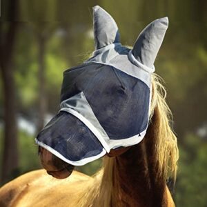huirhuir horse fly mask long nose with ears uv protection for detachable nose flap horse-navy blue(xl, extra full)