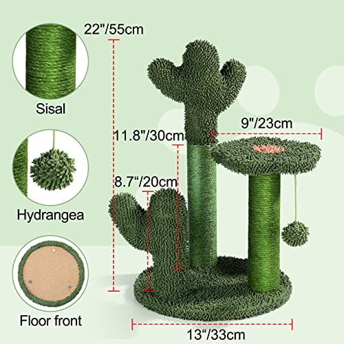 T2Y Cat Scratching Post - Cactus Cat Scratcher Tower with 3 Scratch Post and Dangling Bell Ball, Full Wrapped Premium Natural Sisal Scratching Post for Indoor Cats - Medium