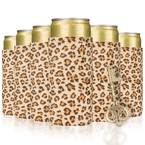 BAGnoREGio Faux Fur Neoprene Beverage Slim Can Insulated, 6-Pack Soft Fuzzy Plush Tall Skinny Cans Sleeves with 1PC Skeleton Key Bottle Opener (Leopard)