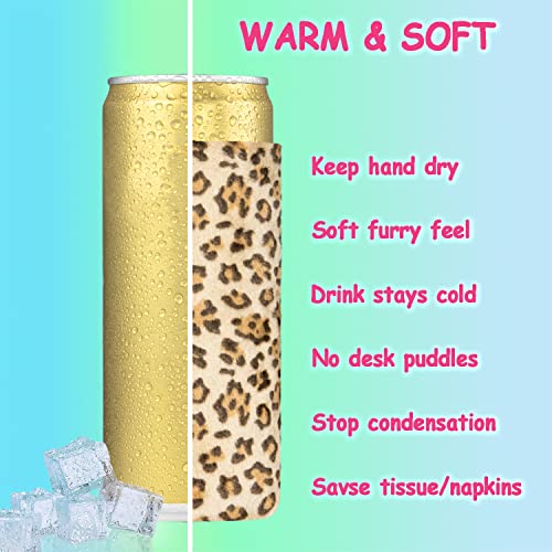 BAGnoREGio Faux Fur Neoprene Beverage Slim Can Insulated, 6-Pack Soft Fuzzy Plush Tall Skinny Cans Sleeves with 1PC Skeleton Key Bottle Opener (Leopard)