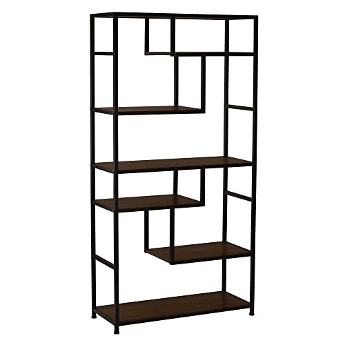 Household Essentials Jamestown Tall 6 Shelf Open Storage Bookshelf Mid Century Walnut Wood Grain and Black Metal