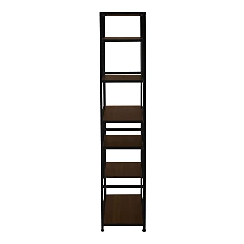 Household Essentials Jamestown Tall 6 Shelf Open Storage Bookshelf Mid Century Walnut Wood Grain and Black Metal