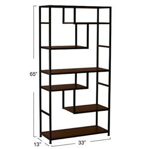 Household Essentials Jamestown Tall 6 Shelf Open Storage Bookshelf Mid Century Walnut Wood Grain and Black Metal