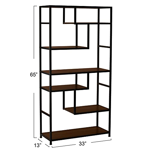 Household Essentials Jamestown Tall 6 Shelf Open Storage Bookshelf Mid Century Walnut Wood Grain and Black Metal