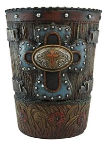 ebros gift rustic western old world country blue cross with concho and nailheads in faux distressed wood finish with floral patterns (dry waste basket trash bin)