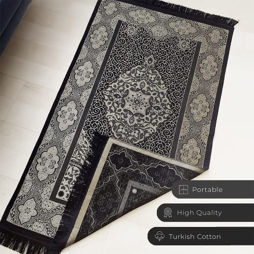 Prayeristan Muslim Prayer Rug - Prayer Mat with Gift Prayer Beads & Special Kaaba Box - Islamic Rugs for Men and Women - Portable & Travel Prayer Mat - Ramadan & Islamic Gifts (Black-Gold)