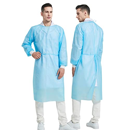 ProtectX (Blue 10 Pack Disposable Breathable Polypropylene Isolation Gown with Elastic Knit Cuffs, Covered Back, Extra-Long Double Ties, Universal Size