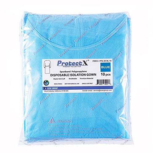 ProtectX (Blue 10 Pack Disposable Breathable Polypropylene Isolation Gown with Elastic Knit Cuffs, Covered Back, Extra-Long Double Ties, Universal Size