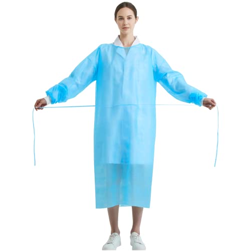 ProtectX (Blue 10 Pack Disposable Breathable Polypropylene Isolation Gown with Elastic Knit Cuffs, Covered Back, Extra-Long Double Ties, Universal Size