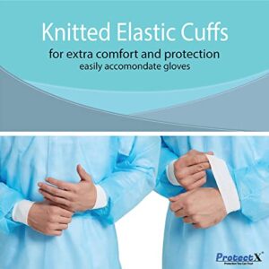 ProtectX (Blue 10 Pack Disposable Breathable Polypropylene Isolation Gown with Elastic Knit Cuffs, Covered Back, Extra-Long Double Ties, Universal Size