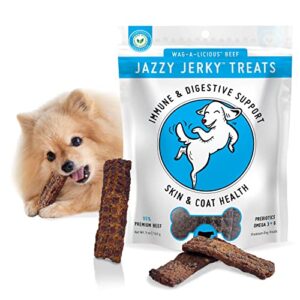happytails canine wellness, jazzy jerky, natural 95% beef jerky treats, healthy dog treats made in usa, gut & immune health, skin & coat, small-large dogs, 5 oz
