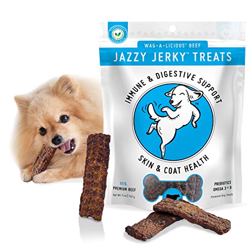 HappyTails Canine Wellness, Jazzy Jerky, Natural 95% Beef Jerky Treats, Healthy Dog Treats Made in USA, Gut & Immune Health, Skin & Coat, Small-Large Dogs, 5 oz