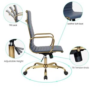 LeisureMod Harris Modern Adjustable Swivel Leather High-Back Task Office Chair with Gold Frame, Navy Blue