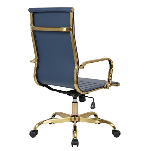 LeisureMod Harris Modern Adjustable Swivel Leather High-Back Task Office Chair with Gold Frame, Navy Blue