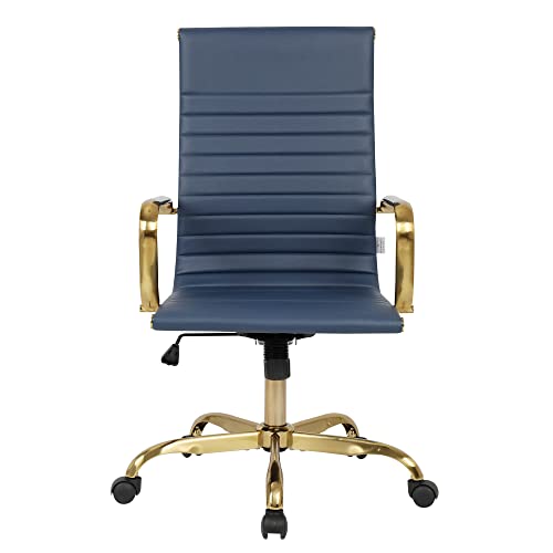 LeisureMod Harris Modern Adjustable Swivel Leather High-Back Task Office Chair with Gold Frame, Navy Blue