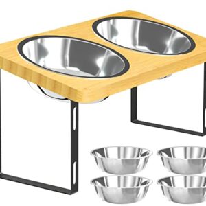 UQNAL Elevated Dog Bowls Stand Bamboo Raised Dog Bowl with 15° Stand Tilted for Medium and Small Dog Water Bowl with 4 Stainless Steel Bowl and Anti Slip feet