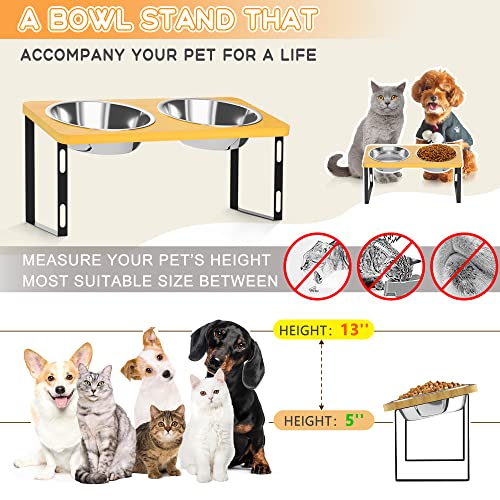 UQNAL Elevated Dog Bowls Stand Bamboo Raised Dog Bowl with 15° Stand Tilted for Medium and Small Dog Water Bowl with 4 Stainless Steel Bowl and Anti Slip feet