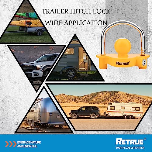 RETRUE Universal Coupler Lock Trailer Locks Ball Hitch Trailer Hitch Lock Adjustable Security Heavy-Duty Steel Fits 1-7/8 Inch, 2 Inch, 2-5/16 Inch Couplers Yellow