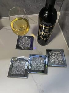 diamond glass coasters for coffee table - crystal coasters for drinks, cup coaster set silver decor for bar and home parties (4x4 inch, square silver)