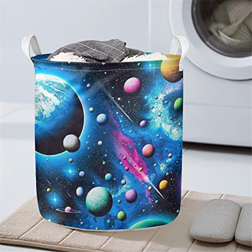 Frestree Space Planet Storage Hamper Waterproof Durable Bedroom Bathroom Laundry Basket Galaxy Solar System Home Decor, with Handles Toy Storage Bag