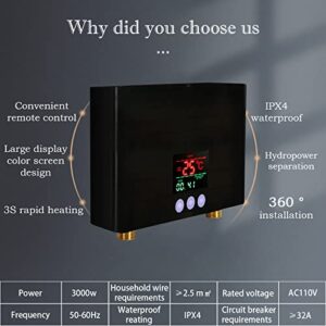 3000W Tankless Mini Hot Water Heater Under Sink 110V Thermostatic Washing Heating System with Remote Control Digital Display for Home Kitchen Bathroom (Black)