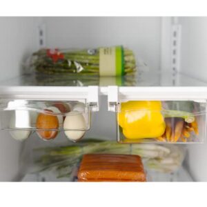 fridge storage container and egg holder for refrigerator, 2-pack clear organizer bins, set for soda, fruit, vegetables, under shelf, egg organizer, stackable drawers