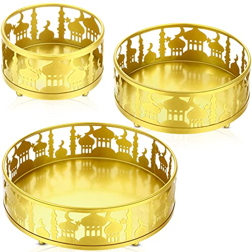 Ramadan Home Decoration 3 Pieces Ramadan Decor Ramadan Trays Moon Ramadan Tray Set Eid Mubarak Plates Food Storage Containers for Eid and Eid Al-adha Ramadan Activity Party Favor, Gold