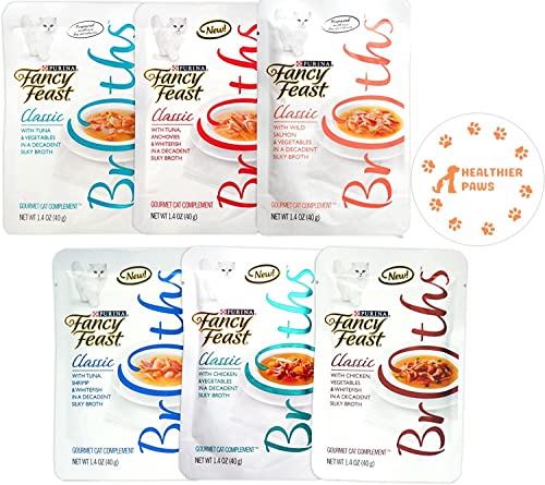 Healthier Paws Fancy Feast Gourmet Broths Variety Pack for Cats - 6 Classic Flavors, 1.4 Oz Each (12 Total Pouches) Sticker