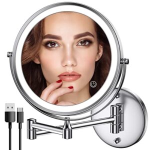 rocollos rechargeable wall mounted lighted makeup mirror chrome, 8 inch double-sided led vanity mirror 1x/10x magnification,3 color lights touch screen dimmable 360°swivel 13 inch extendable