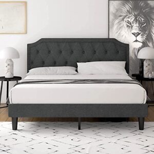 einfach queen size bed frame, upholstered platform bed with strong wood slats support, no box spring needed, easy assembly, dark grey