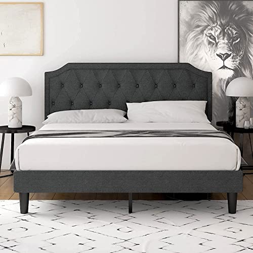 Einfach Queen Size Bed Frame, Upholstered Platform Bed with Strong Wood Slats Support, No Box Spring Needed, Easy Assembly, Dark Grey