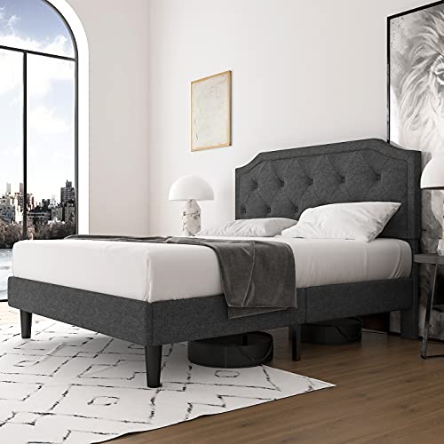 Einfach Queen Size Bed Frame, Upholstered Platform Bed with Strong Wood Slats Support, No Box Spring Needed, Easy Assembly, Dark Grey