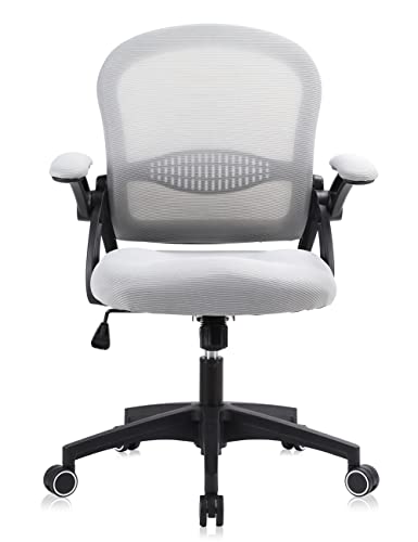 Office Chair, Ergonomic Chair Home Office Desk Chairs, Breathable Mid-Back Comfortable Mesh Computer Chair with PU Silent Wheels, Flip-up Armrests, Tilt Function, Lumbar Support (Black/Grey)