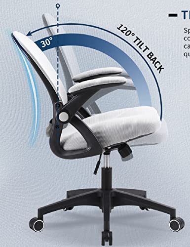 Office Chair, Ergonomic Chair Home Office Desk Chairs, Breathable Mid-Back Comfortable Mesh Computer Chair with PU Silent Wheels, Flip-up Armrests, Tilt Function, Lumbar Support (Black/Grey)