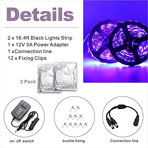 AIMEOKO LED Black Light Strip Kit,32.8ft 600 LEDs 12V Flexible UV Blacklight Fixtures for Indoor Bedroom Decoration,Fluorescent Dance Party,Wedding,Birthday,Halloween,Body Paint,Non-Waterproof