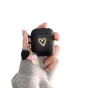 ownest compatible for airpods case soft tpu with gold heart pattern cute lucky ball keychain shockproof cover case for girls woman airpods 2 &1-black