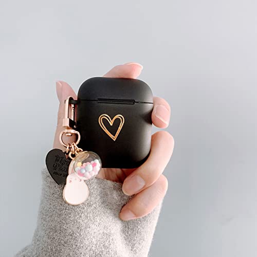 Ownest Compatible for AirPods Case Soft TPU with Gold Heart Pattern Cute Lucky Ball Keychain Shockproof Cover Case for Girls Woman Airpods 2 &1-Black