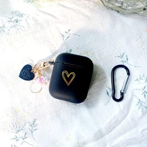 Ownest Compatible for AirPods Case Soft TPU with Gold Heart Pattern Cute Lucky Ball Keychain Shockproof Cover Case for Girls Woman Airpods 2 &1-Black