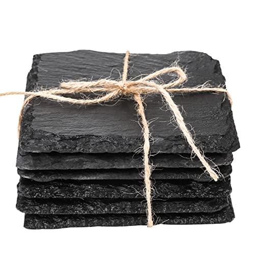 Set of 6 Coasters Slate Coasters with Hemp Rope Drink Coasters Black Stone