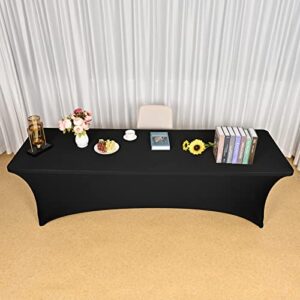 Lykoow 4 Packs 8Ft Stretch Spandex Table Cover for Standard Folding Tables - Universal Rectangular Tight Elastic Fitted Tablecloth Protector for Wedding, Banquet and Party （Black）