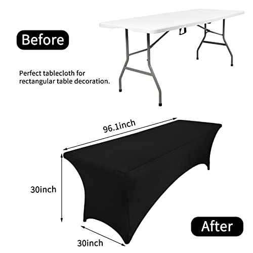 Lykoow 4 Packs 8Ft Stretch Spandex Table Cover for Standard Folding Tables - Universal Rectangular Tight Elastic Fitted Tablecloth Protector for Wedding, Banquet and Party （Black）