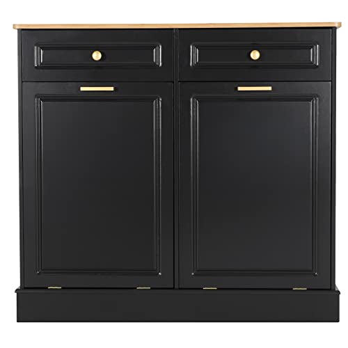 UEV Double Kitchen Trash Cabinets,Two Tilt Out Trash Cabinets with Solid Hideaway Drawers,Free Standing Wooden Kitchen Trash Can Recycling Cabinet Trash Can Holder (Black)