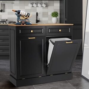 uev double kitchen trash cabinets,two tilt out trash cabinets with solid hideaway drawers,free standing wooden kitchen trash can recycling cabinet trash can holder (black)