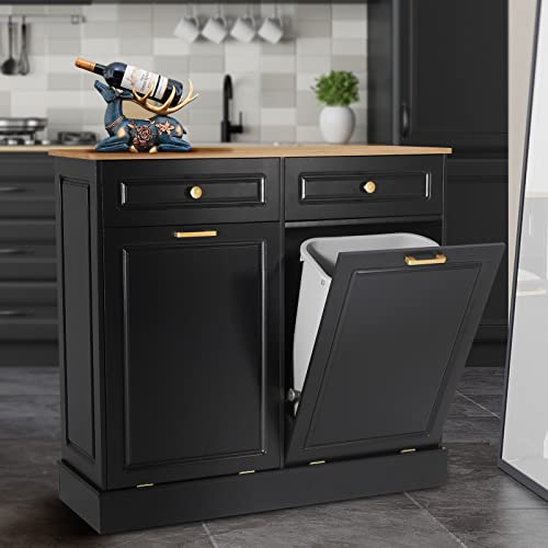 UEV Double Kitchen Trash Cabinets,Two Tilt Out Trash Cabinets with Solid Hideaway Drawers,Free Standing Wooden Kitchen Trash Can Recycling Cabinet Trash Can Holder (Black)