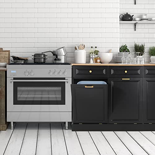 UEV Double Kitchen Trash Cabinets,Two Tilt Out Trash Cabinets with Solid Hideaway Drawers,Free Standing Wooden Kitchen Trash Can Recycling Cabinet Trash Can Holder (Black)