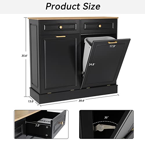 UEV Double Kitchen Trash Cabinets,Two Tilt Out Trash Cabinets with Solid Hideaway Drawers,Free Standing Wooden Kitchen Trash Can Recycling Cabinet Trash Can Holder (Black)