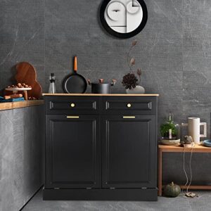 UEV Double Kitchen Trash Cabinets,Two Tilt Out Trash Cabinets with Solid Hideaway Drawers,Free Standing Wooden Kitchen Trash Can Recycling Cabinet Trash Can Holder (Black)