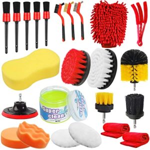 jaronx 24pcs car detailing drill brush kit, car detailing kit, car detailing brush set (car drill brushes, car drill polishing pads, detailing brushes, wash mitt/sponge, wire brushes, cleaning gel)…